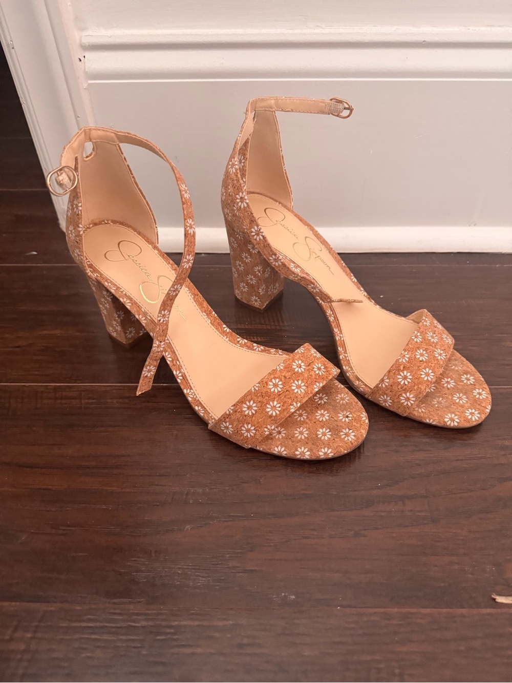 Ankle-Strap Block Heel Sandals in Tan Floral